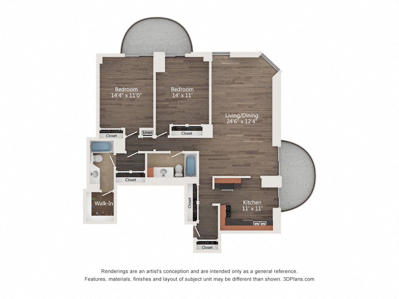 Floor plan for 2 beds, 2 baths, 1150 sqft